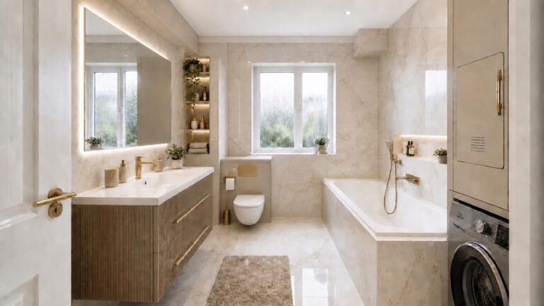 Modern bathroom with wall-hung toilet, fitted vanity and walk-in bath