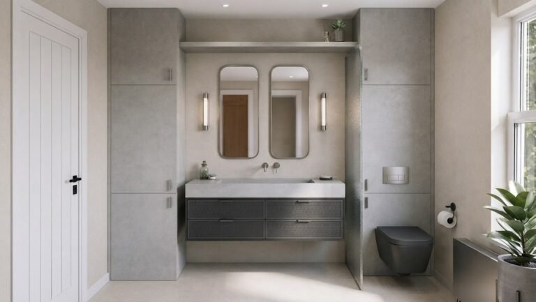 Grey bathroom with twin mirrors and floating vanity