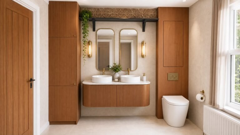 Bathroom with timber vanity, twin basins and wall-hung toilet