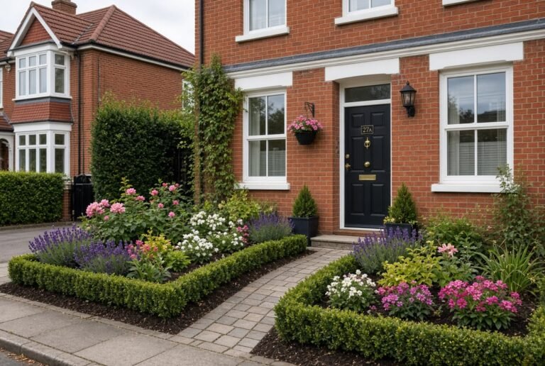 Front garden with clipped hedges, flower beds and paved path
