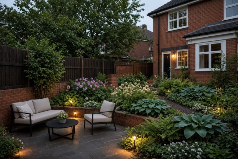 Patio seating area with planting and garden lighting