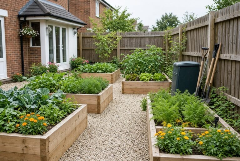 Raised timber planting beds with gravel paths