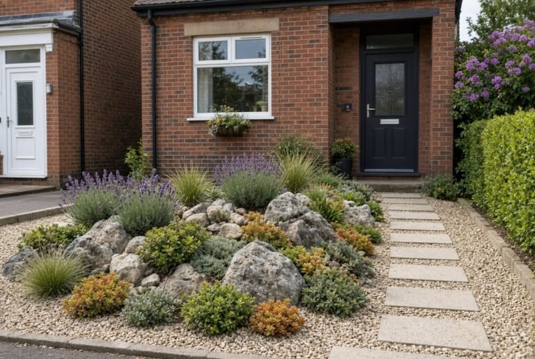 Gravel garden with low planting and stepping-stone path
